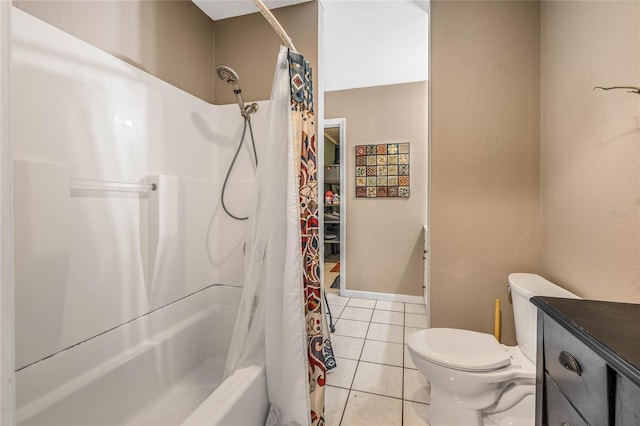 full bathroom featuring toilet, shower / bath combo, vanity, and tile patterned flooring