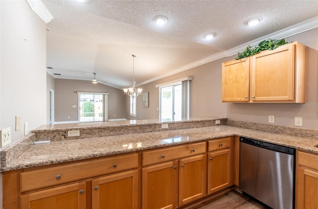 kitchen featuring lofted ceiling, stainless steel dishwasher, crown molding, and kitchen peninsula