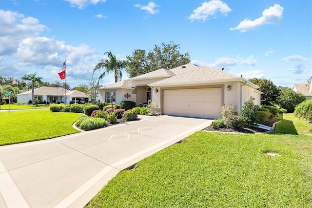 ranch-style home featuring a front yard and a garage