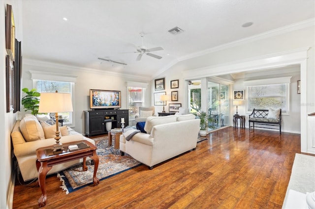 living room with vaulted ceiling, ornamental molding, a wealth of natural light, and dark hardwood / wood-style flooring