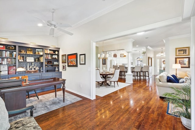 office area with crown molding, hardwood / wood-style flooring, lofted ceiling, and ceiling fan