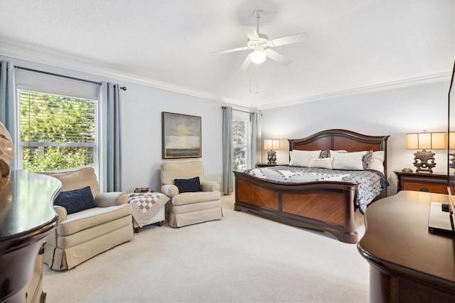 bedroom featuring carpet, multiple windows, crown molding, and ceiling fan