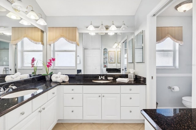 bathroom with vanity, toilet, and tile patterned flooring