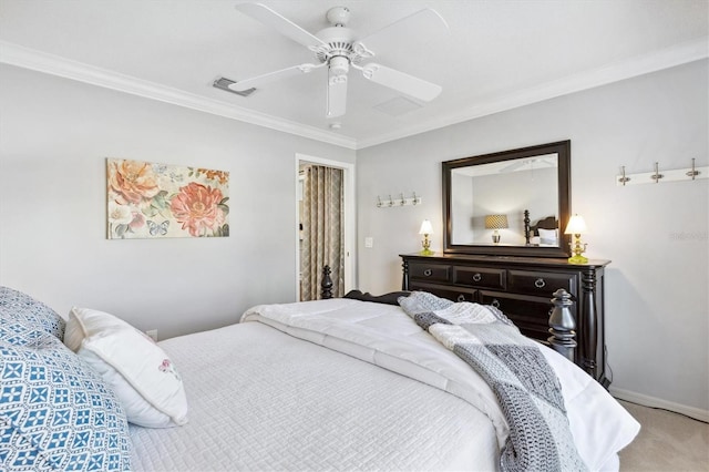 bedroom with carpet, ceiling fan, and ornamental molding