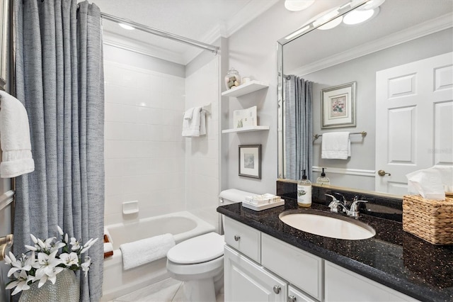 full bathroom featuring tile patterned floors, toilet, ornamental molding, vanity, and shower / bathtub combination with curtain