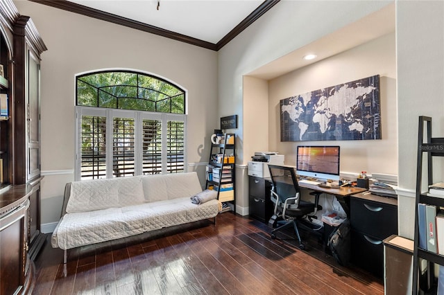 office with crown molding and dark hardwood / wood-style flooring