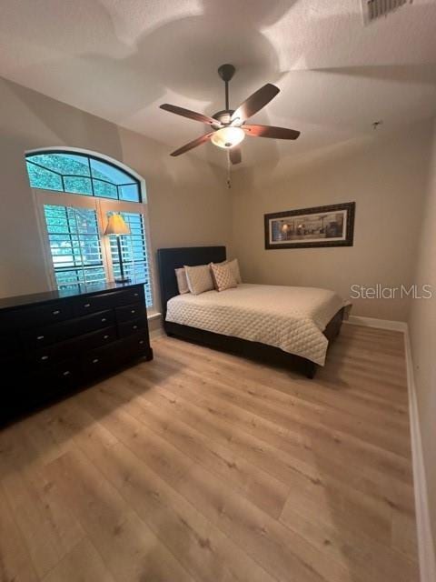 bedroom featuring ceiling fan and light hardwood / wood-style floors