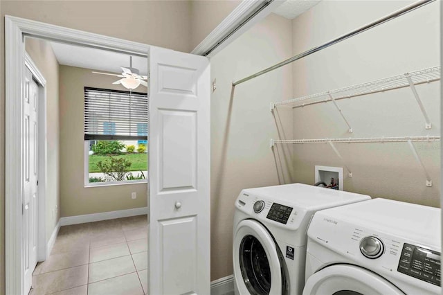 washroom featuring ceiling fan, light tile patterned flooring, and independent washer and dryer