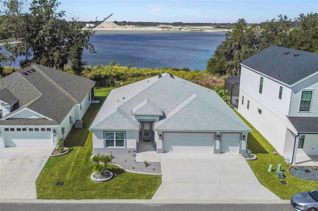 drone / aerial view featuring a water view