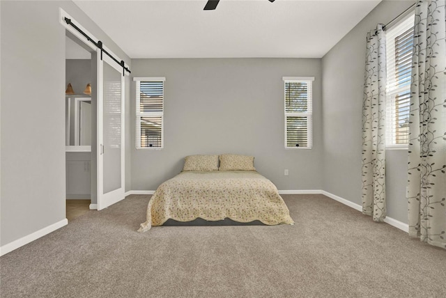 bedroom with ceiling fan, multiple windows, a barn door, and carpet floors