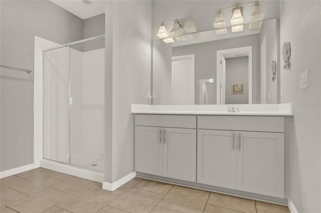 bathroom with vanity, tile patterned floors, and an enclosed shower