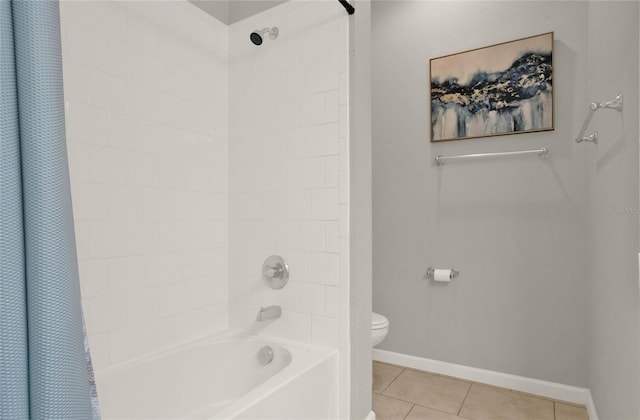 bathroom featuring toilet, shower / bathtub combination with curtain, and tile patterned floors