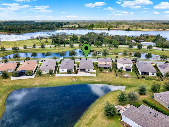 aerial view featuring a water view