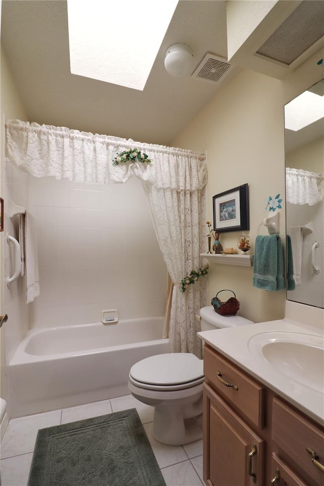 full bathroom with vanity, toilet, tile patterned floors, and shower / bath combination with curtain