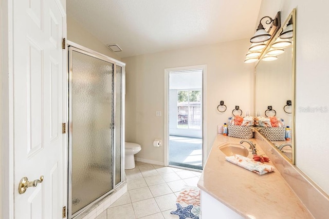 bathroom featuring a shower with door, vanity, tile patterned floors, and toilet