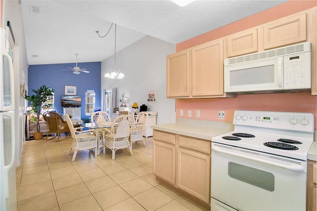 kitchen with light brown cabinets, white appliances, ceiling fan with notable chandelier, hanging light fixtures, and light tile patterned flooring