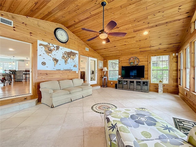 living room with ceiling fan, light tile patterned floors, high vaulted ceiling, wooden ceiling, and wooden walls