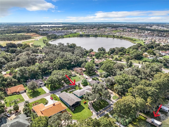 aerial view featuring a water view