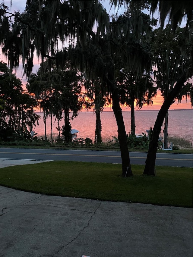 view of property's community with a water view and a lawn