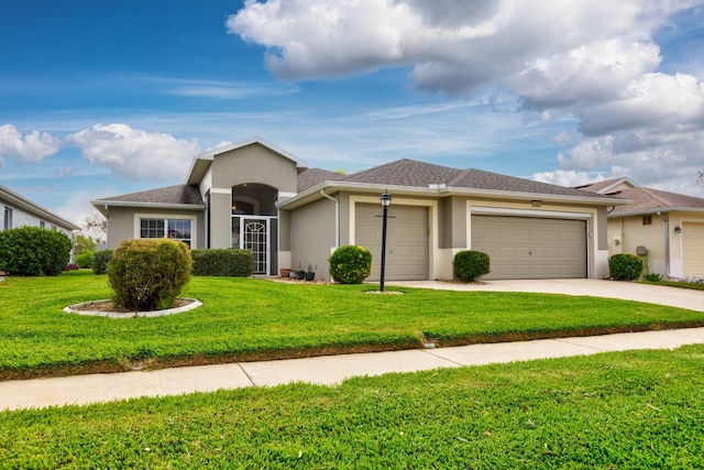 ranch-style home featuring a front yard and a garage