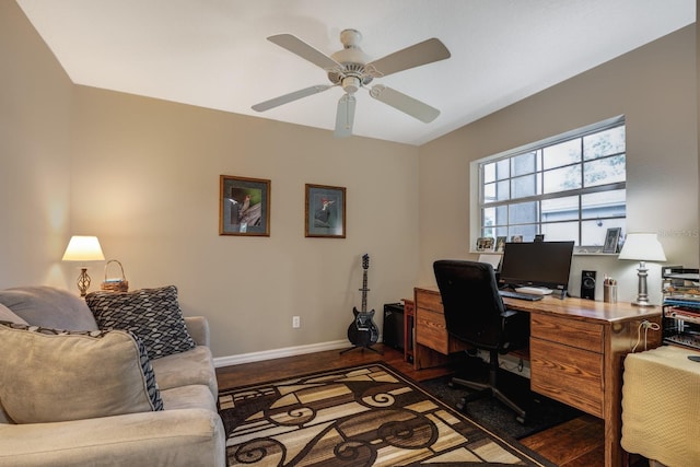 office area featuring ceiling fan and hardwood / wood-style floors