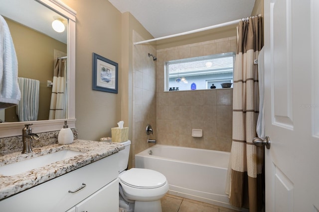 full bathroom featuring vanity, shower / tub combo, toilet, and tile patterned flooring