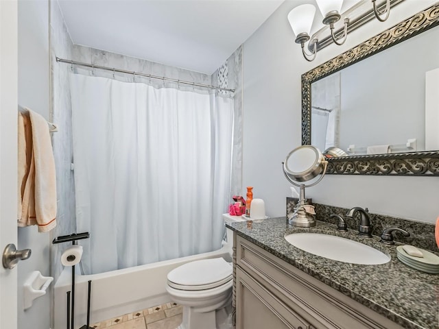 full bathroom with vanity, shower / bath combination with curtain, toilet, and tile patterned flooring