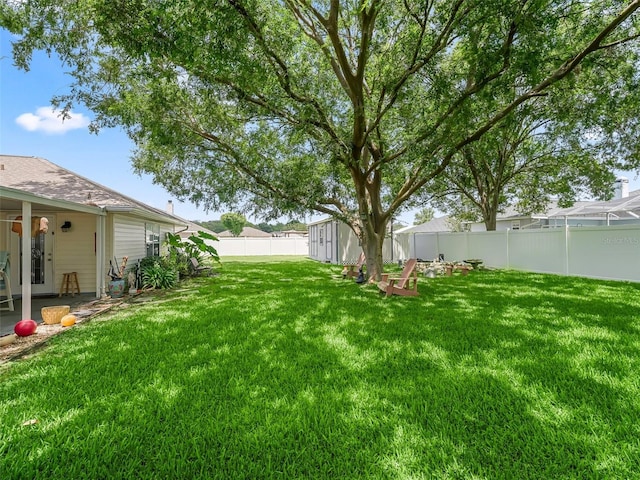 view of yard with a shed