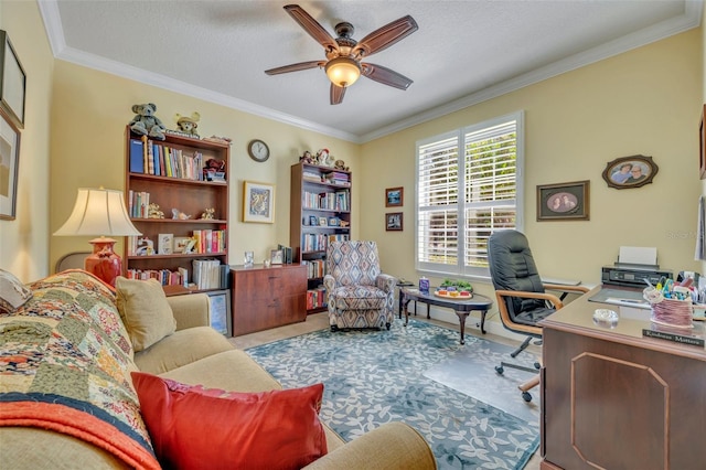 office space featuring crown molding, a textured ceiling, and ceiling fan