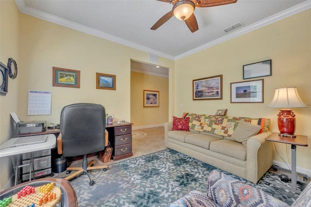 home office with crown molding and ceiling fan