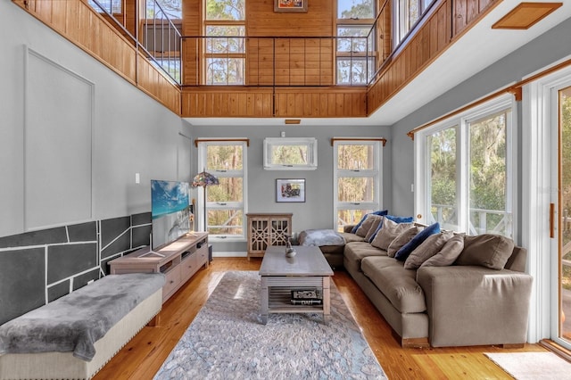 living room featuring a towering ceiling, plenty of natural light, and light hardwood / wood-style flooring