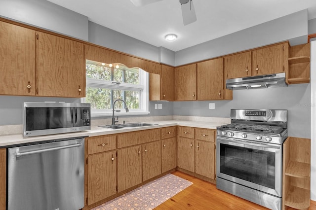 kitchen featuring light hardwood / wood-style floors, appliances with stainless steel finishes, sink, and ceiling fan