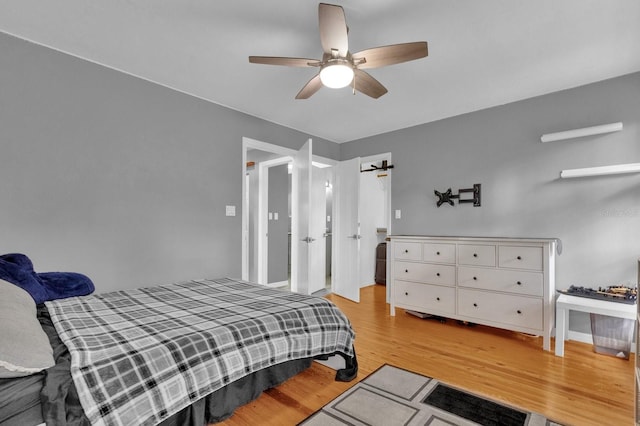 bedroom with light hardwood / wood-style floors and ceiling fan