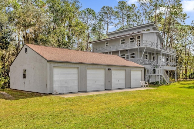 garage with a lawn