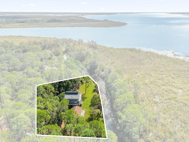 bird's eye view with a water view