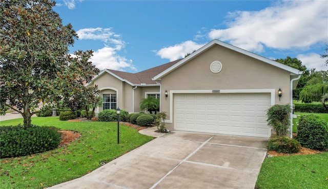 ranch-style home featuring a front lawn and a garage