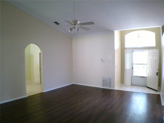 interior space with light hardwood / wood-style flooring, ceiling fan, and crown molding