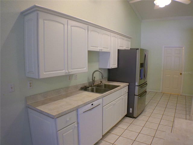 kitchen with white cabinets, white dishwasher, ornamental molding, light tile patterned flooring, and sink