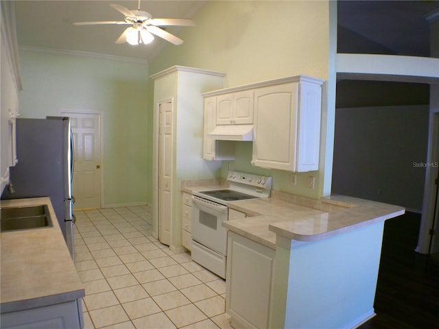 kitchen featuring kitchen peninsula, white cabinetry, lofted ceiling, crown molding, and white electric range oven