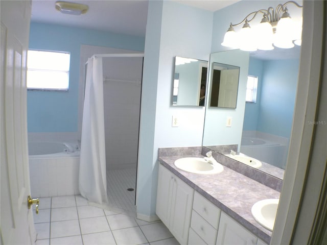 bathroom featuring vanity, plus walk in shower, and tile patterned floors