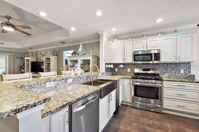 kitchen with white cabinetry, tasteful backsplash, stainless steel appliances, and sink