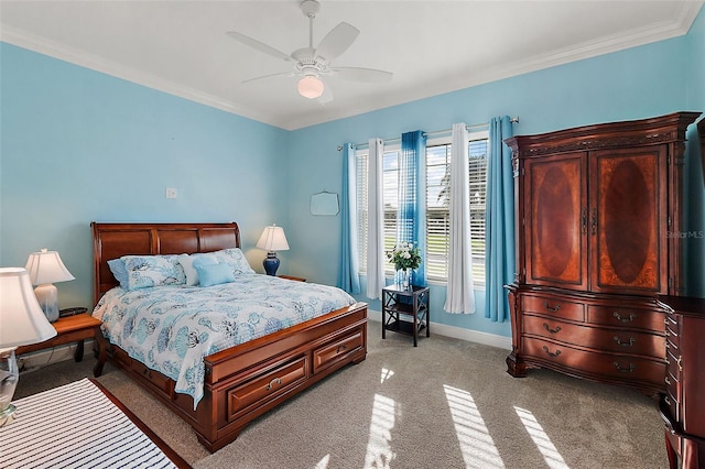 bedroom featuring light carpet, ornamental molding, and ceiling fan