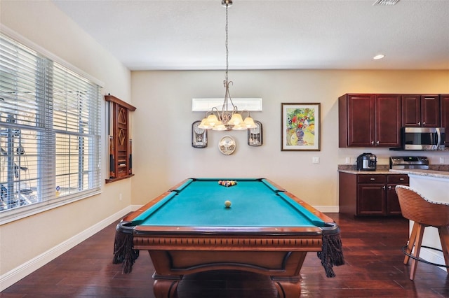 playroom with billiards and dark hardwood / wood-style flooring