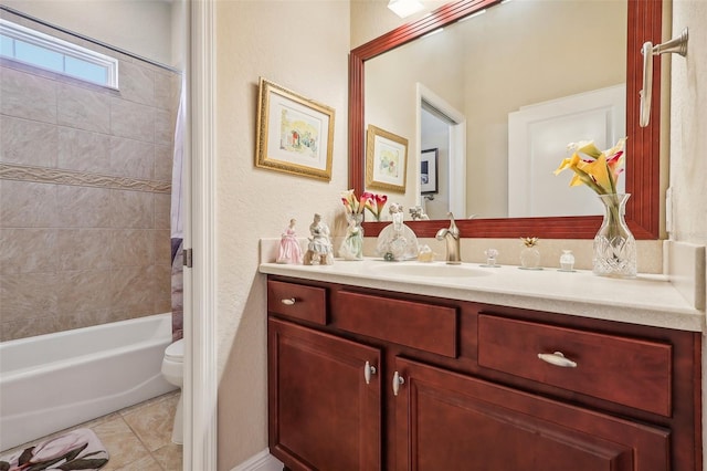 full bathroom featuring vanity, toilet, tile patterned floors, and shower / bathtub combination with curtain