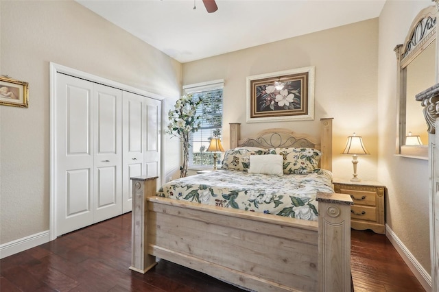 bedroom with a closet, ceiling fan, and dark hardwood / wood-style flooring