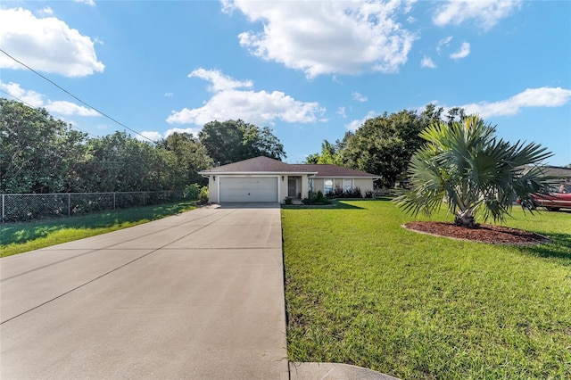 single story home with a front lawn and a garage