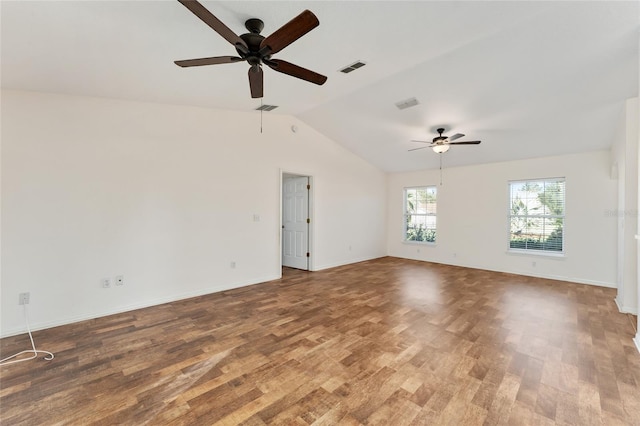 unfurnished room with hardwood / wood-style floors, ceiling fan, and lofted ceiling