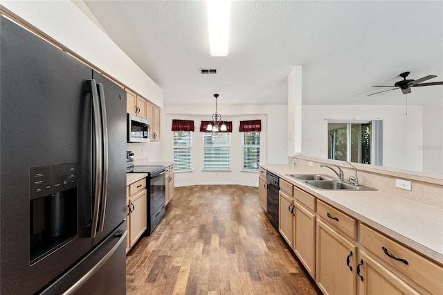 kitchen with ceiling fan, sink, wood-type flooring, decorative light fixtures, and black appliances