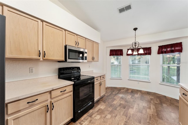 kitchen with pendant lighting, light brown cabinets, vaulted ceiling, electric range, and dark hardwood / wood-style flooring