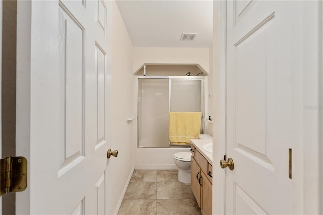 full bathroom featuring vanity, toilet, and enclosed tub / shower combo